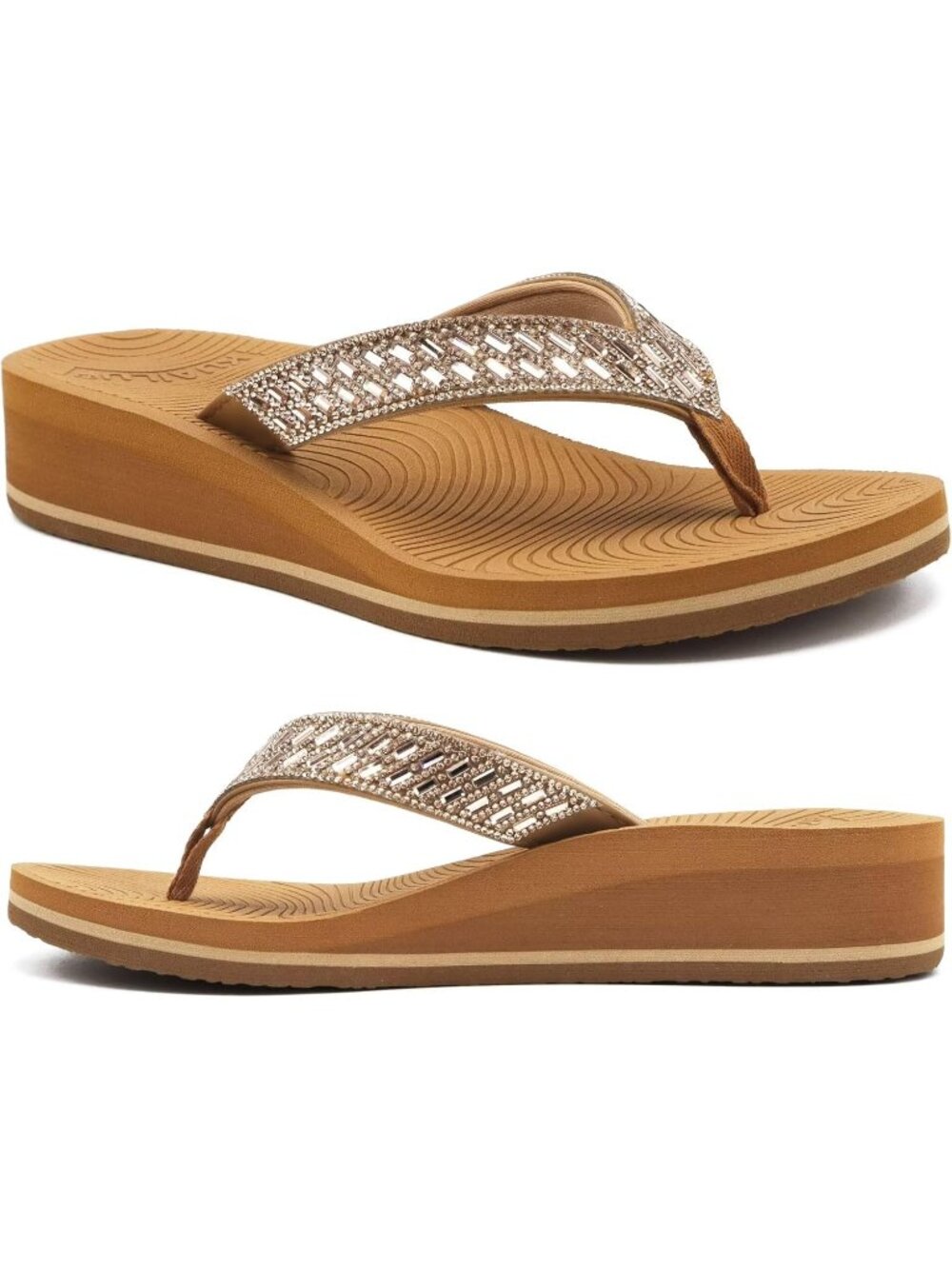 Women's Khaki Comfortable Rhinestone Support Casual Flip Flops Stylish Sandals